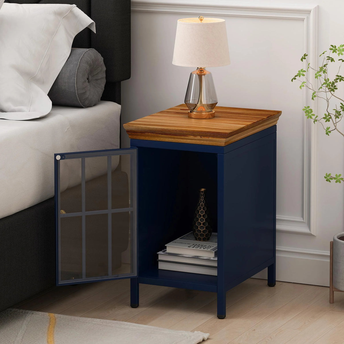 Nightstand with Storage Cabinet & Solid Wood Tabletop, Dark Blue O762