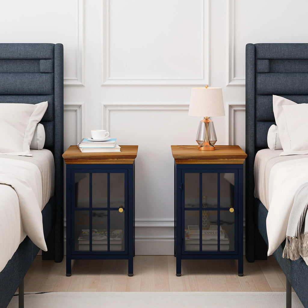 Nightstand with Storage Cabinet & Solid Wood Tabletop, Dark Blue O762