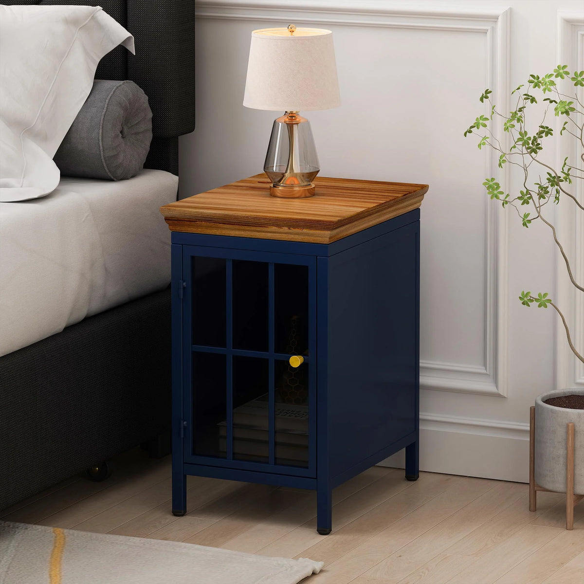 Nightstand with Storage Cabinet & Solid Wood Tabletop, Dark Blue O762