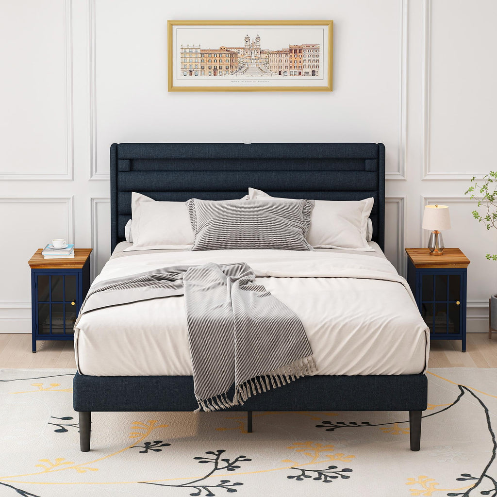 Nightstand with Storage Cabinet & Solid Wood Tabletop, Dark Blue O762