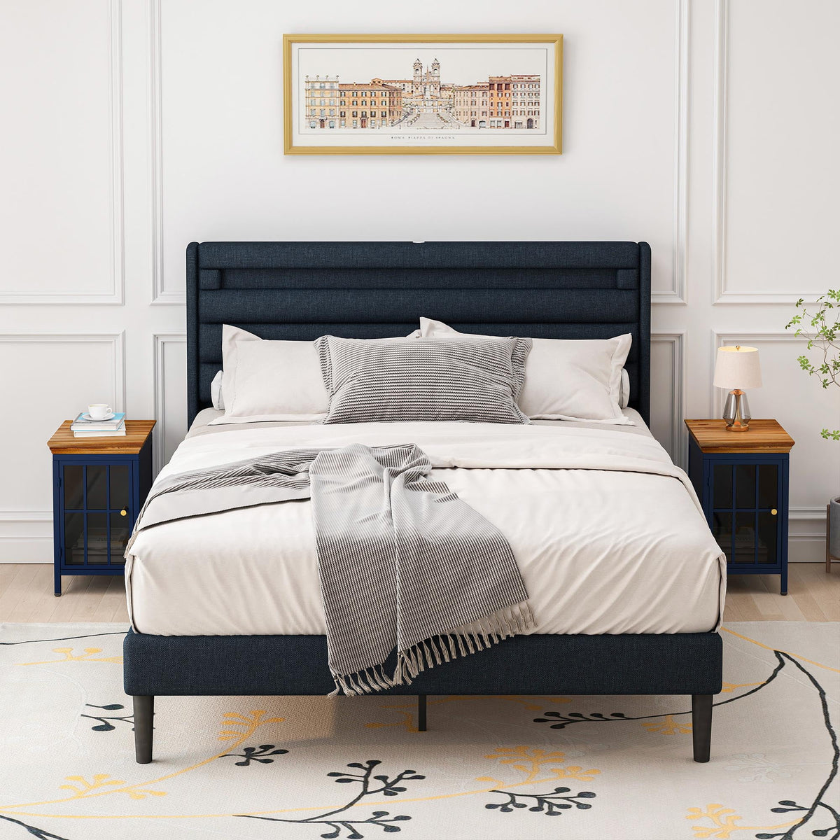Nightstand with Storage Cabinet & Solid Wood Tabletop, Dark Blue O762