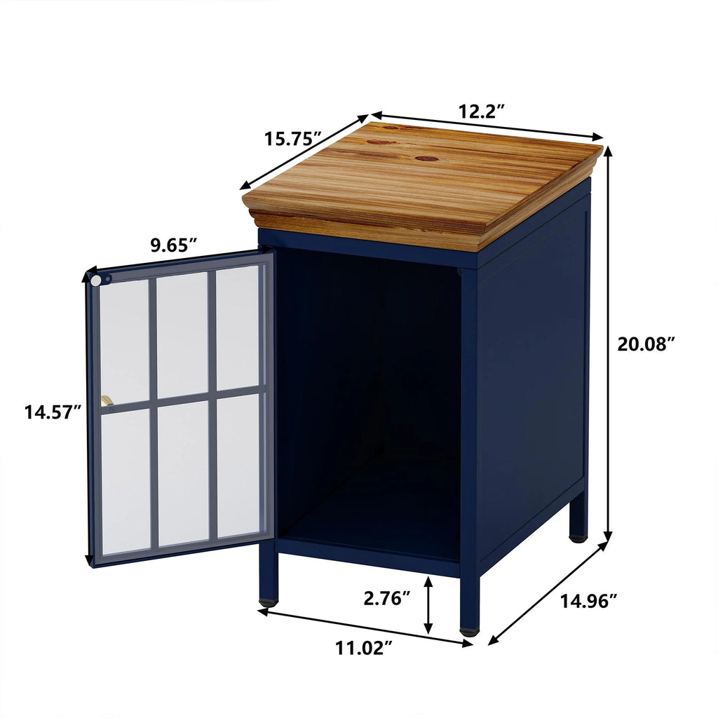 Nightstand with Storage Cabinet & Solid Wood Tabletop, Dark Blue O762
