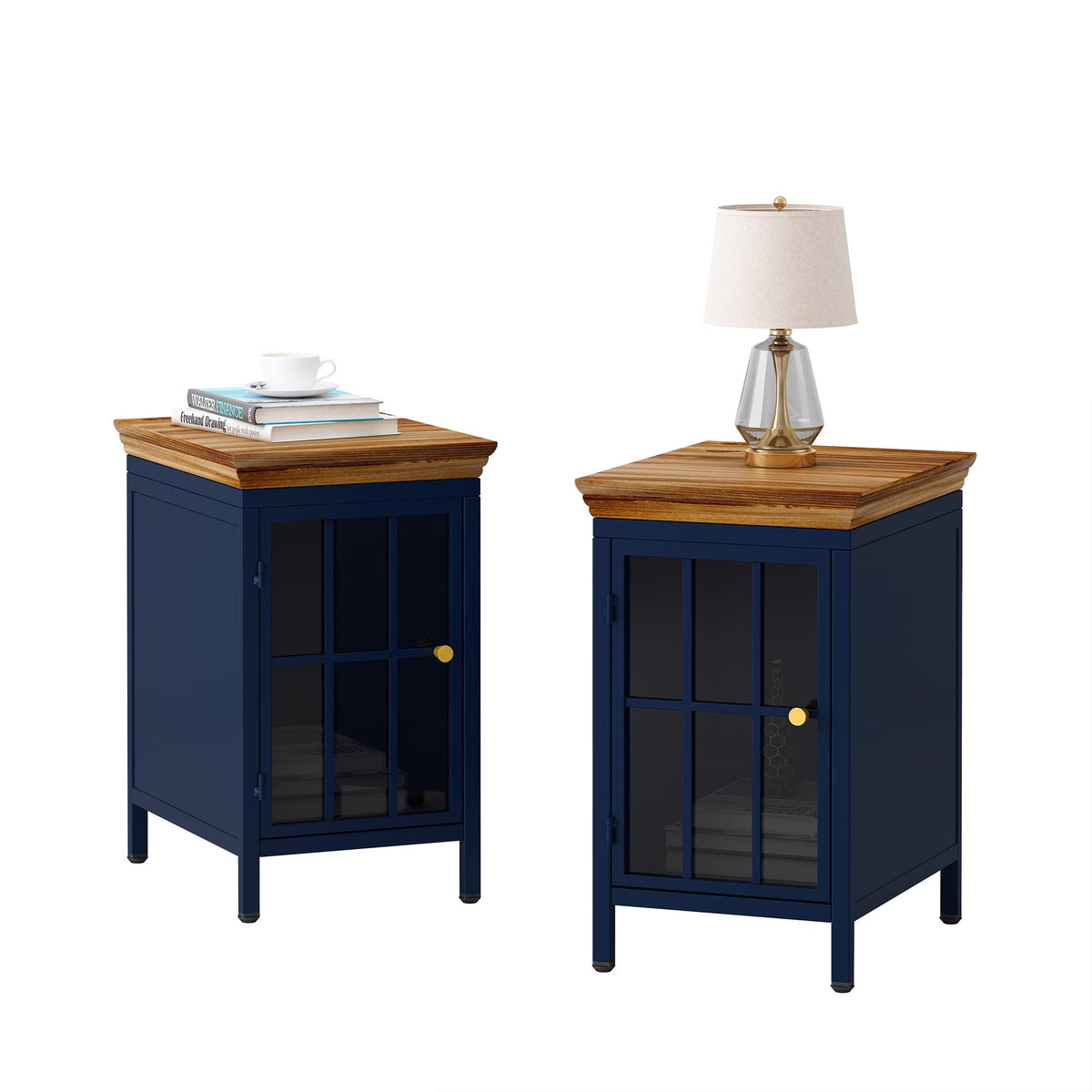 Nightstand with Storage Cabinet & Solid Wood Tabletop, Dark Blue O762