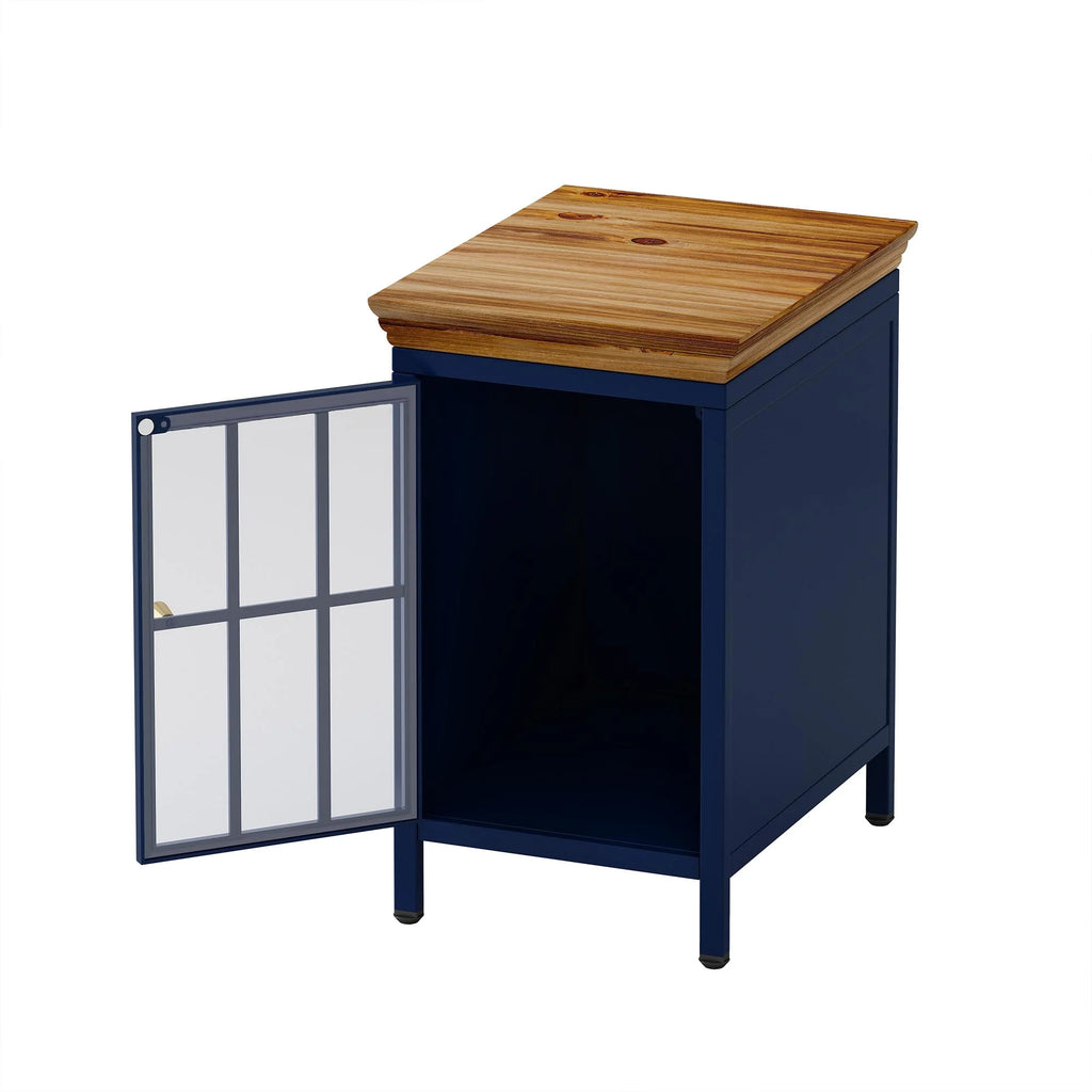 Nightstand with Storage Cabinet & Solid Wood Tabletop, Dark Blue O762
